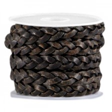 Flat braided DQ leather cord 5mm Black - antique finish