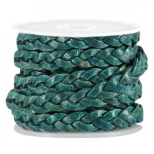 Flat braided DQ leather cord 5mm Dark teal blue - antique finish