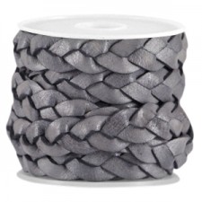 Flat braided DQ leather cord 10mm Dark grey - vintage finish