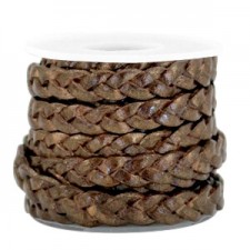 Flat braided DQ leather cord 5mm Dark brown-metallic