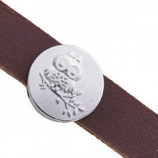 Metall schieber Perle rund mit Eule für 10mm Flach Draht / Leder Antik silber 