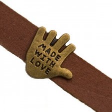 Metall schieber Perle "Made with love" für 10mm Flach Draht / Leder Antik Bronze
